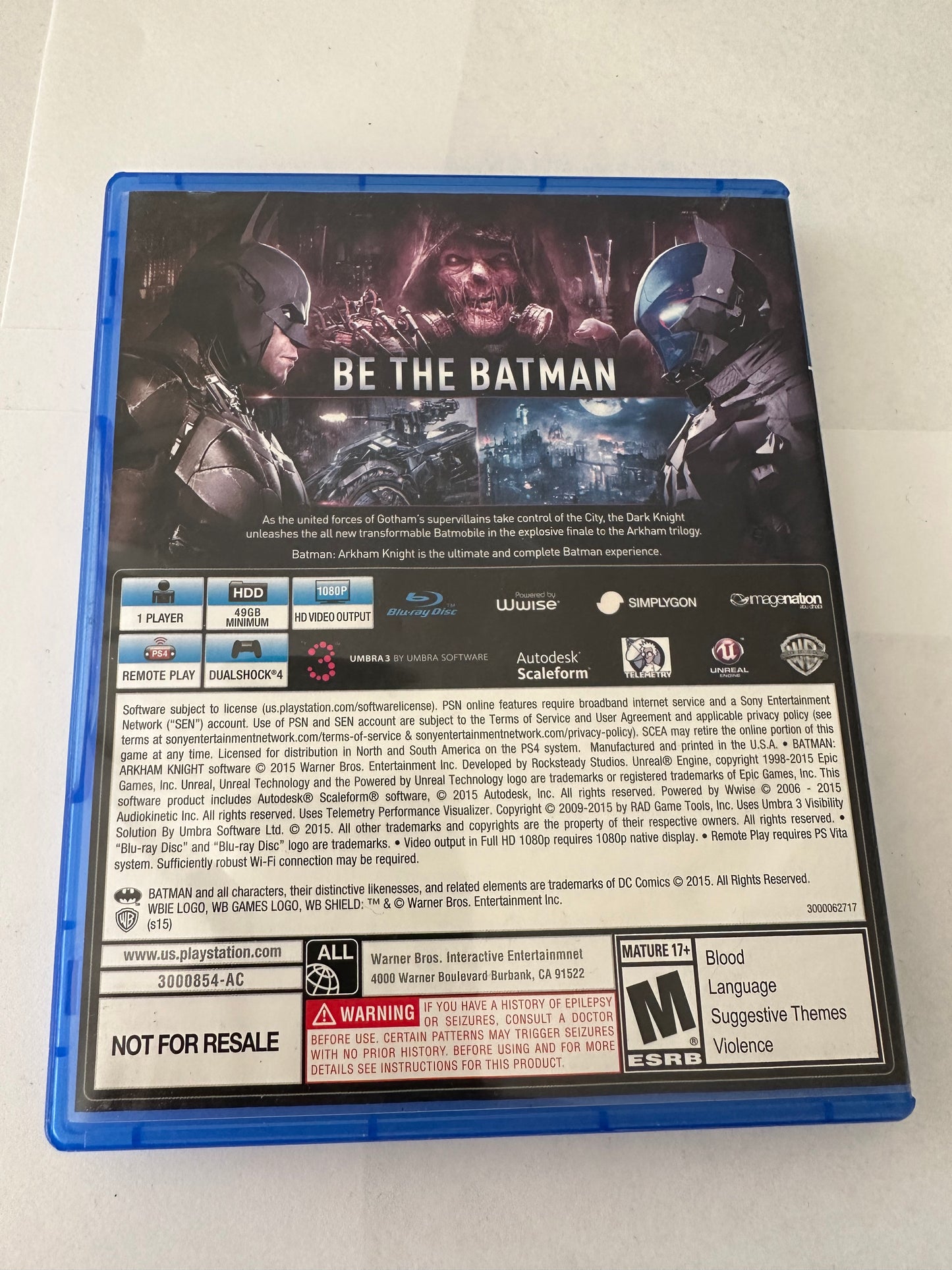 Batman Arkham Knight for the PlayStation 4. Not for resale game.