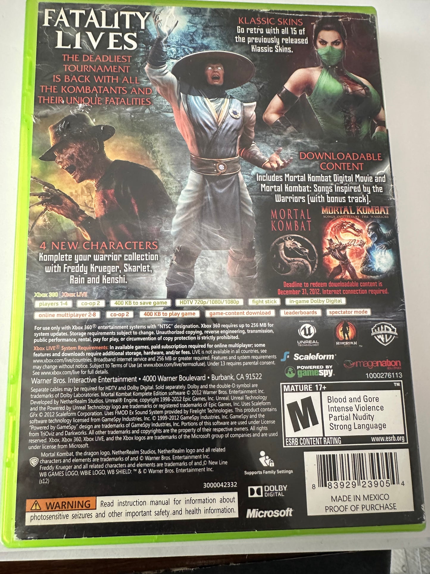 Mortal kombat komplete edition for the Xbox 360. Missing manual